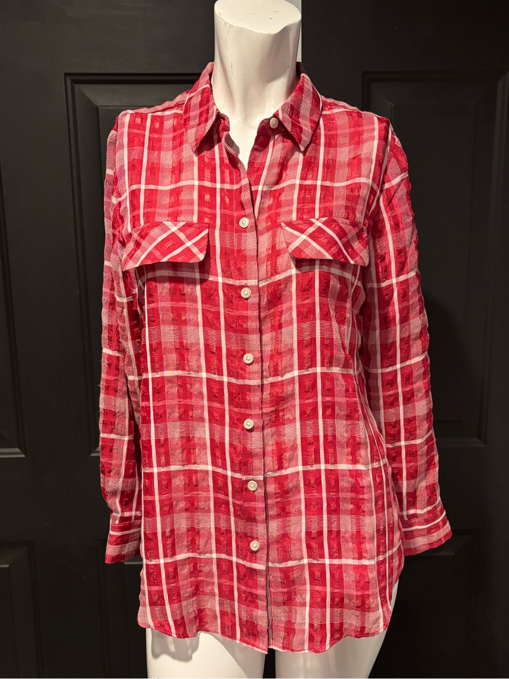 Chico's Red and White Plaid Lightweight Woven Sheer Button-Front Shirt